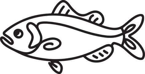 A minimalist vector illustration of a fish in continuous line art style, clean and simple black linear design on a white background