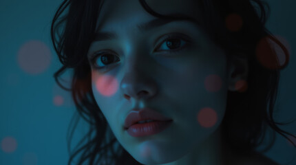 Fototapeta premium Portrait of a young woman illuminated by soft blue light against a dark background creating an atmosphere of mystery
