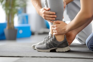 Consultation physiotherapist with the treatment of treating injured ankle pain in modern clinics.Concept of physical rehabilitation.