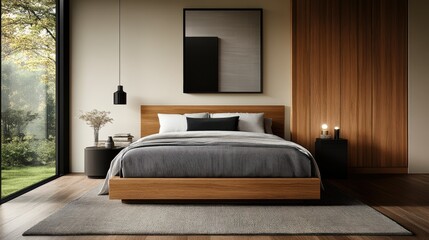 Serene Minimalist Bedroom Design: Modern Oak Bed, Natural Light, and Tranquil View