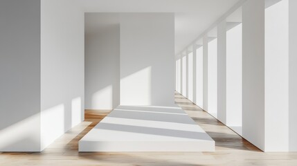 Obraz premium White minimalist interior with platform and columns casting shadows on wooden floorboards indoors