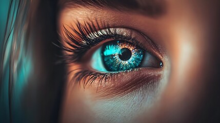 Fototapeta premium Close-Up Shot of Sparkling Blue Contact Lens on Eye