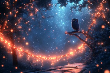 Naklejka premium Owl perched on branch, enchanted forest, night lights