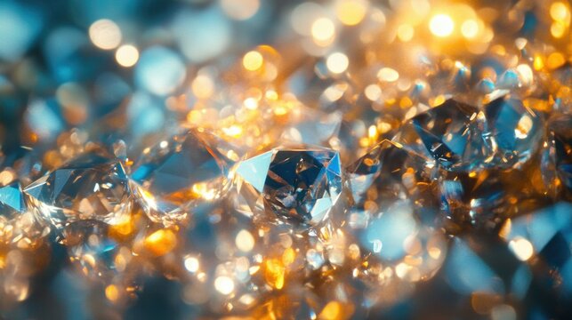 A close-up shot of numerous blue gemstones shining in the light, creating a mesmerizing display of sparkles and reflections.