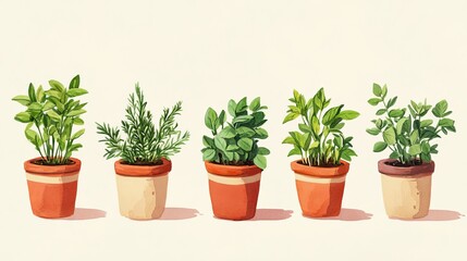 Obraz premium Five Potted Herbs Watercolor Illustration Botanical Art Green Plants Rosemary Sage Thyme Mint Basil Kitchen Garden Decor Home Decor Fresh Herbs 