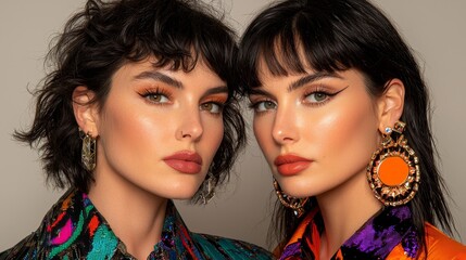 Obraz premium Stunning close-up of two fashionable women showcasing vibrant makeup and elegant jewelry