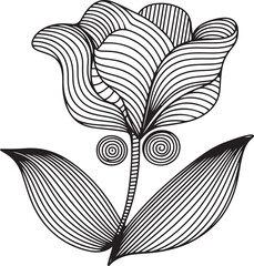 A vector illustration of an abstract flower in one-line art drawing style with black linear designs on a white background, featuring petals with wave patterns and a curved stem.