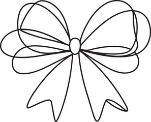 Decorative ribbon bow in continuous line art drawing style, showing a gift bow knot with black linear design isolated on a white background for a minimalist look.