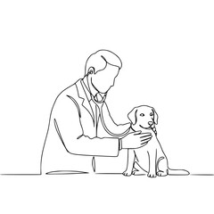 Line Drawing of a Veterinarian Listening to a Dog's Heartbeat  