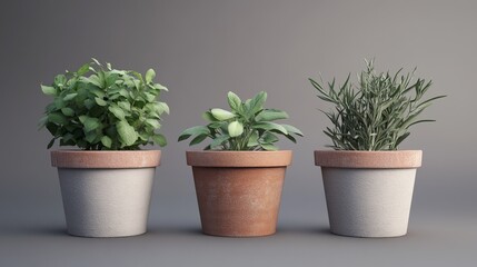 Fototapeta premium Three Aromatic Herb Plants in Terracotta Pots Sage Rosemary and Mint Kitchen Garden Greenery Home Decor Natural Plants Potted Herbs Indoor Gardening 