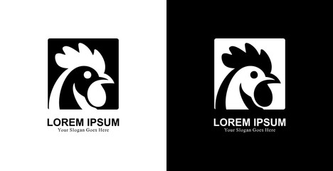 A logo design in the form of a rooster's head combined with a square