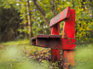 Old worn out wooden bench in red color in a forest park by a footpath. Selective focus. Nobody. Sitting area to enjoy colors and sounds of nature.