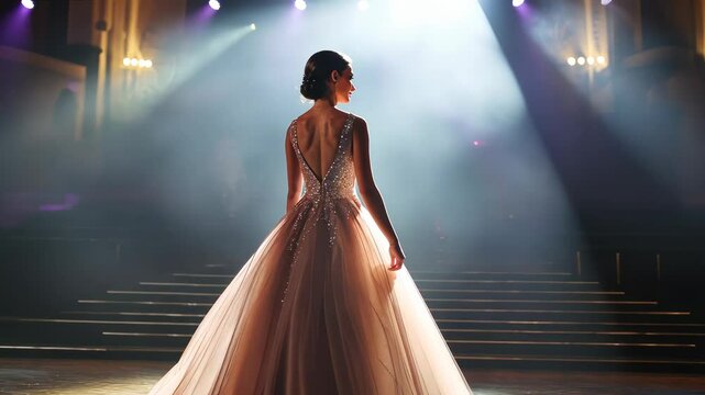 Elegant woman in evening gown walking gracefully under stage lights