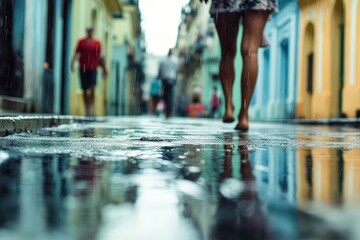 Fototapeta premium Rainy Havana street with vibrant reflections and pedestrians