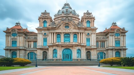Grand mansion Ornate facade ornate details blue windows set against overcast sky