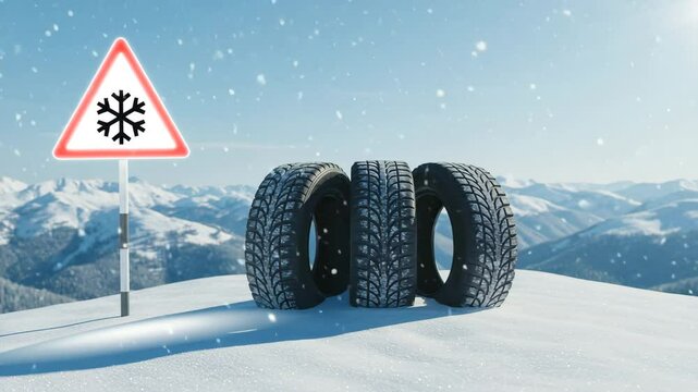 Winter tires stacked in snow with caution sign  