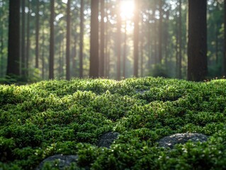 Fototapeta premium Lush mossy forest floor bathed in sunlight