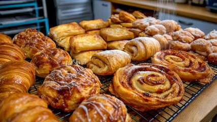 Freshly baked pastries displayed on a cooling rack in a cozy bakery in the morning light