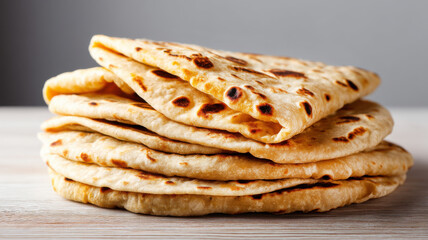 Healthy recipes,  high fiber and grains. A stack of freshly cooked flatbreads, folded and placed on a wooden surface, displaying a golden-brown, slightly charred texture.