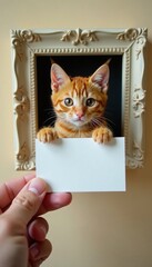 Obraz premium A charming orange cat holds a blank sign within a decorative frame.