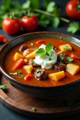 A delicious bowl of hearty soup with fresh ingredients and vibrant colors.