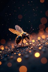 A detailed close-up of a bee on a shimmering surface with warm, glowing lights.