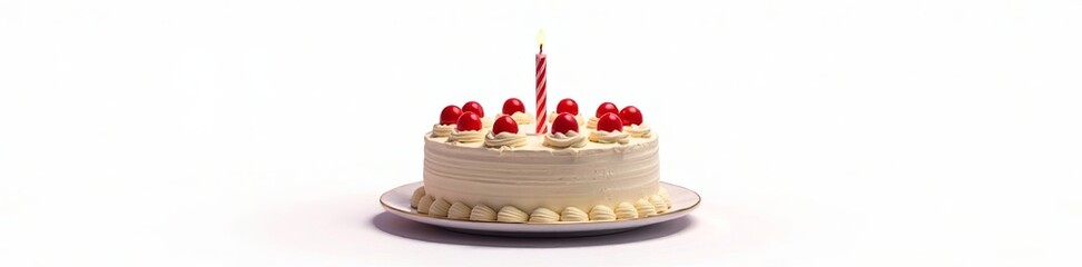 A delicious cake topped with cherries and a single candle for celebration.