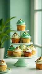 A delightful display of colorful cupcakes on a tiered stand in a bright setting.