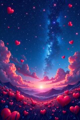 A dreamy landscape filled with hearts, symbolizing love and tranquility under the stars.