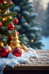 A festive Christmas scene with decorations and snow, capturing holiday spirit.