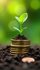 A green plant growing from coins symbolizes growth and financial sustainability.