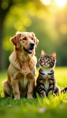 A happy dog and a playful cat enjoying a sunny day in a lush green park.