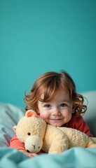A joyful child cuddling a soft teddy bear, displaying warmth and innocence.