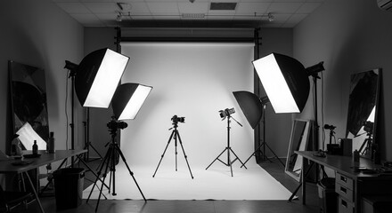 A professional photography studio with softbox lights illuminating a model in front of a white seamless backdrop, high-end camera equipment on tripods, a large mirror reflecting the setup.
