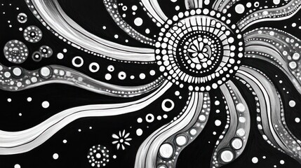 Abstract black and white swirling design with dots and circles