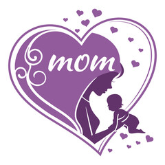 Elegant silhouette illustration of a mother holding her baby in a heart shape