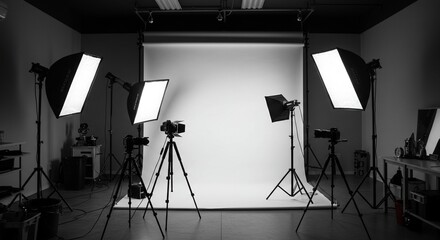 A professional photography studio with softbox lights illuminating a model in front of a white seamless backdrop, high-end camera equipment on tripods, a large mirror reflecting the setup.