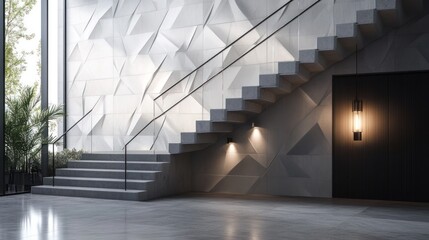 Obraz premium Staircase in a modern home, with geometric wall, natural light. Use for interior