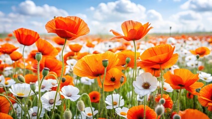 Fototapeta premium Orange Poppy Field, White Flowers, Summer Bloom, Floral Photography, Nature Wallpaper, Vibrant Wildflowers