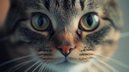 This image captures a serene moment of curiosity in the eyes of a cat, with its attentive gaze directed towards the viewer. The close-up composition emphasizes the feline's expression and details,