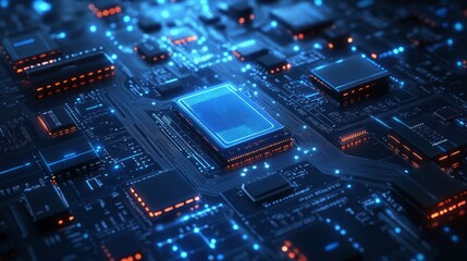 Fototapeta premium Close-up of a glowing central processing unit (CPU) on a circuit board, showcasing intricate technological details and vibrant blue and orange hues.