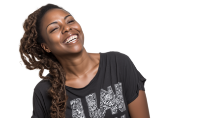 Smiling young woman with curly hair poses playfully against a white backdrop during a casual studio session