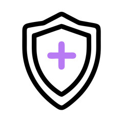 Obraz premium simple icon of a black outlined shield containing a smaller purple shield with a black plus sign. Use for healthcare websites, medical apps, and health insurance blogs.