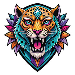 Vibrant, stylized cheetah head design with colorful tribal elements