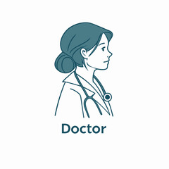 Young Doctor Woman Side View Outline Style, Medical Coat & Stethoscope, Elegant Bun Hair