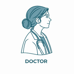 Outlined Side View of Female Doctor with Bun and Stethoscope in Uniform Isolated