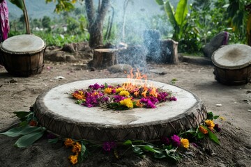 Ceremonial circle with drums flowers and burning herbs