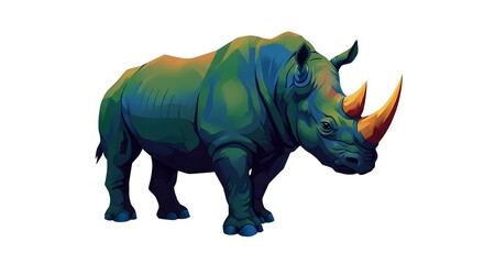 Obraz premium Standing Rhinoceros Illustration with Horns in Shades of Blue and Green