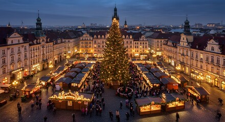 Enchanting Aerial View of a Christmas Market at Night, Festive Holiday Atmosphere in a European City Square