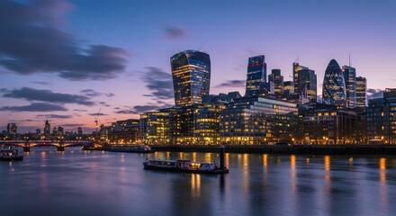 Fototapeta premium Captivating Twilight Cityscape A Breathtaking Panorama of Modern Architecture and City Lights Reflecting on Calm Waters